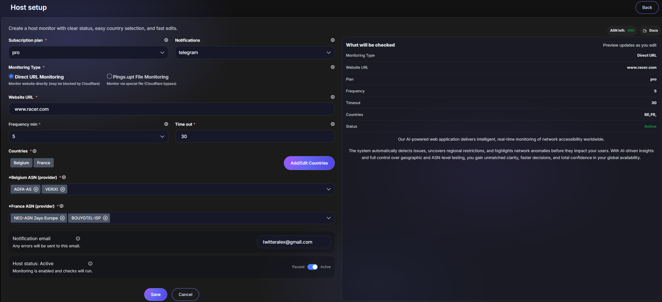 Host settings modal