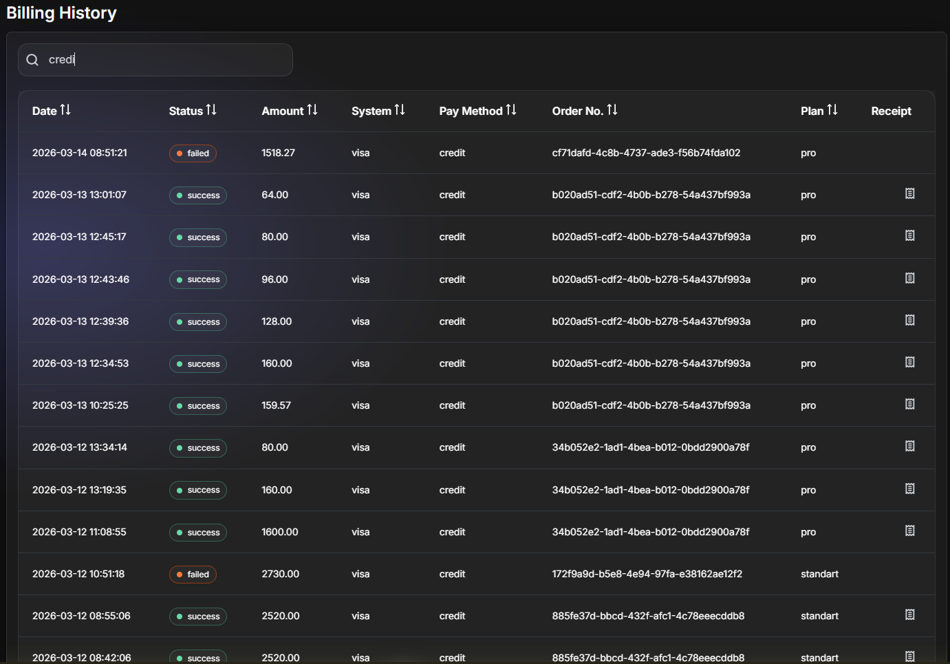 Billing History page