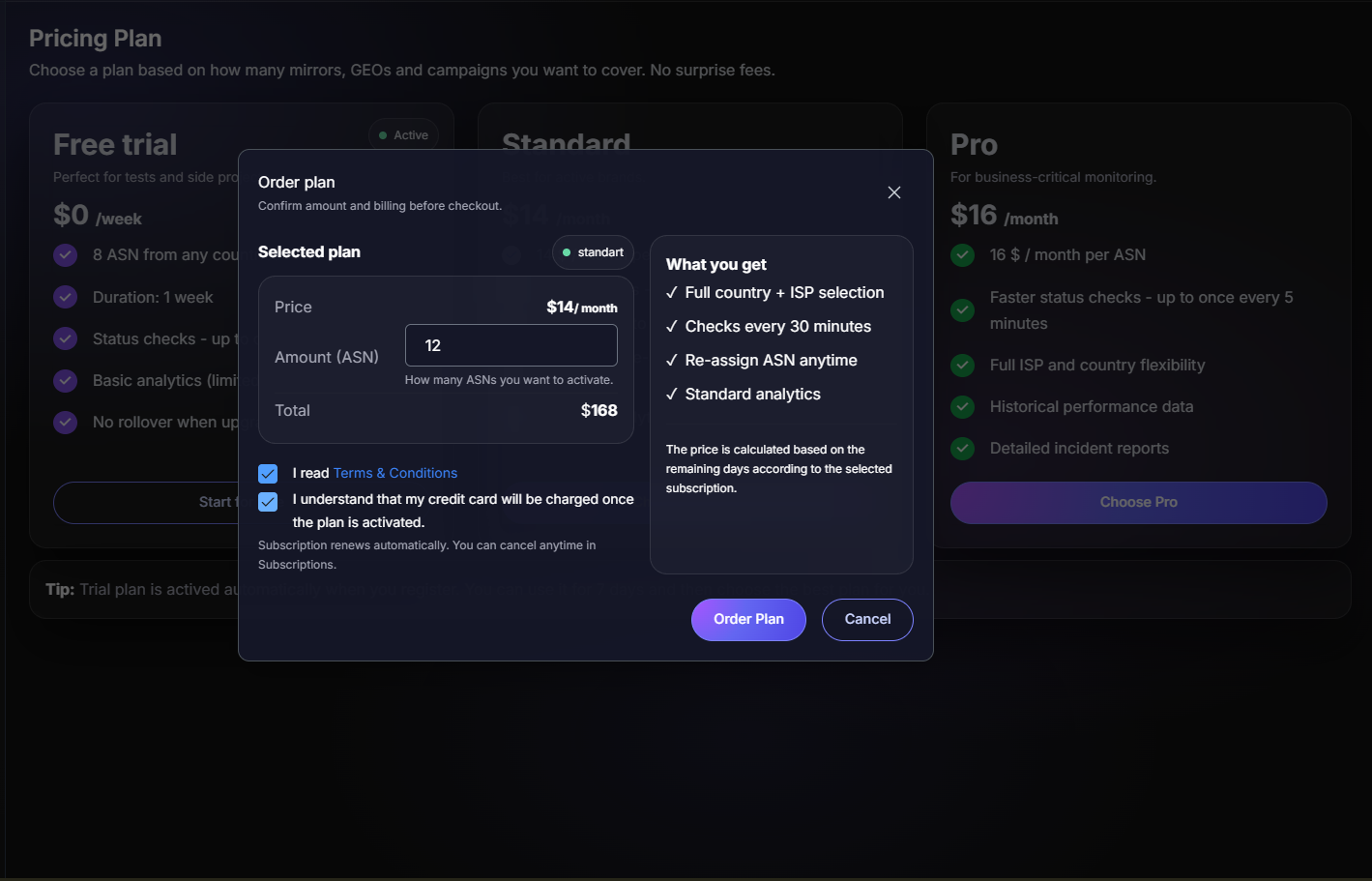 Order plan modal with apply options