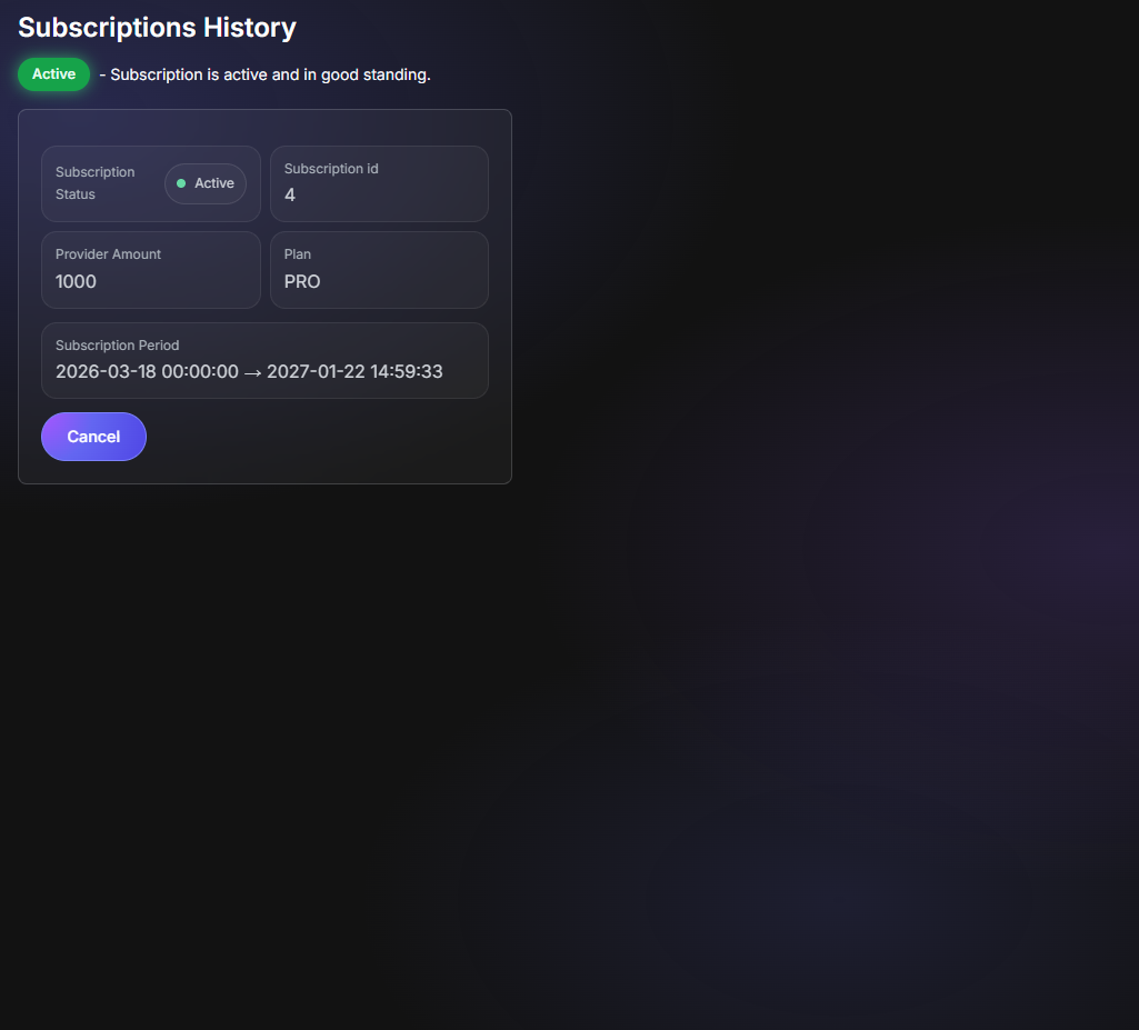 Subscriptions History page